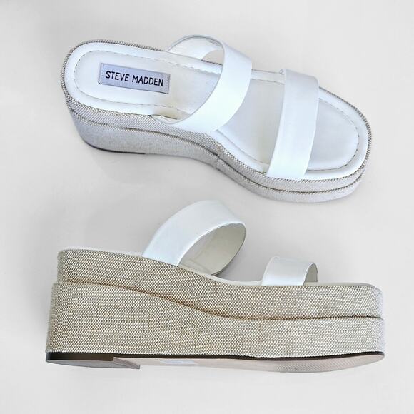 Steve Madden Women's Size 7 Merrcer Platform Slide Leather Sandal in White Beach - Picture 7 of 11